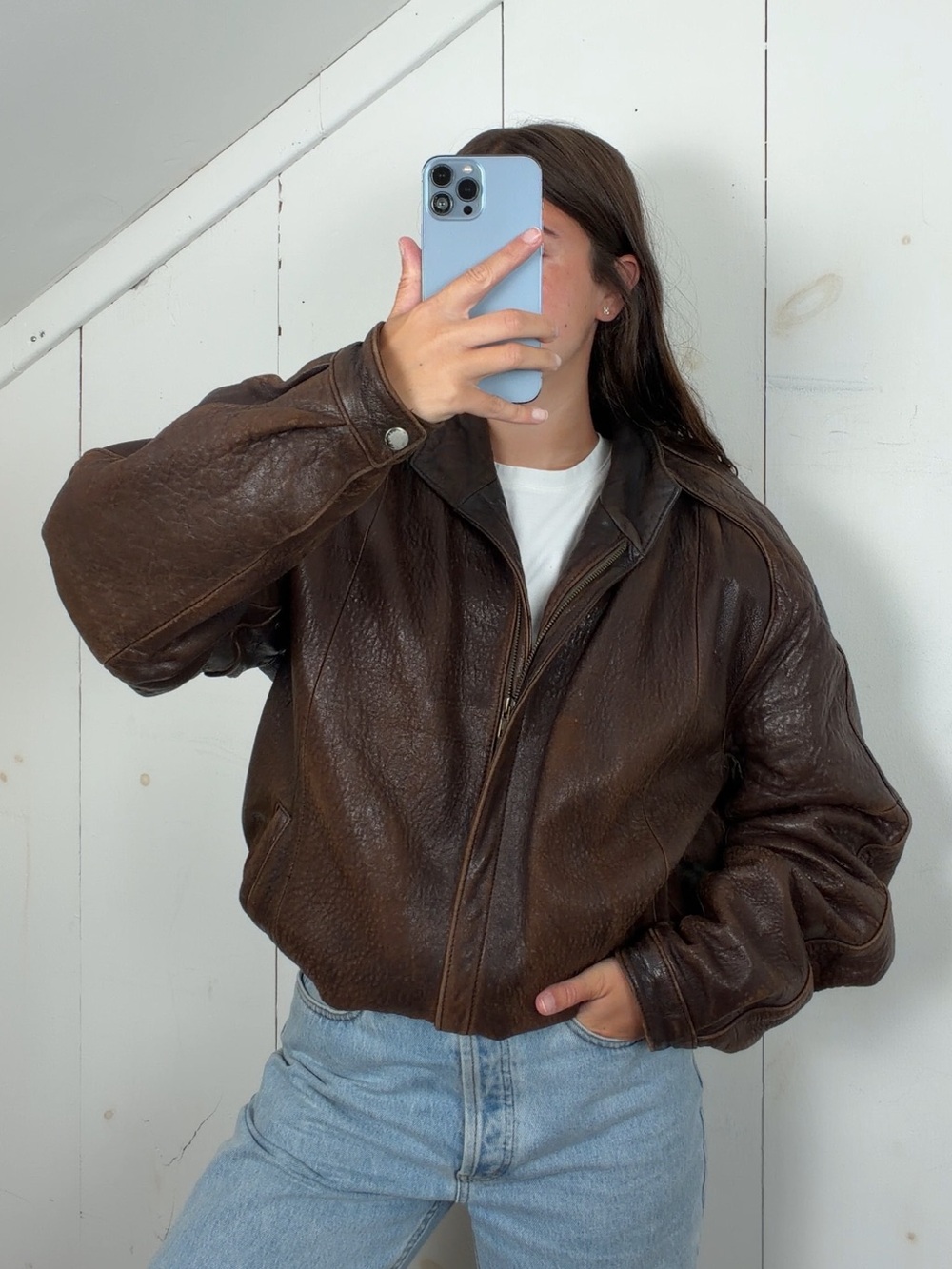 Vintage Brown Genuine Leather Bomber Jacket Men’s 42 Large Stand Collar Patina